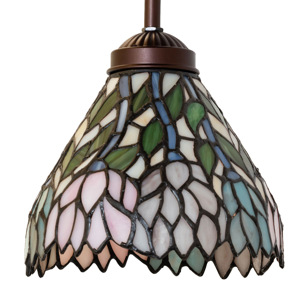 Close-up of Wisteria Mini Pendant stained glass design.