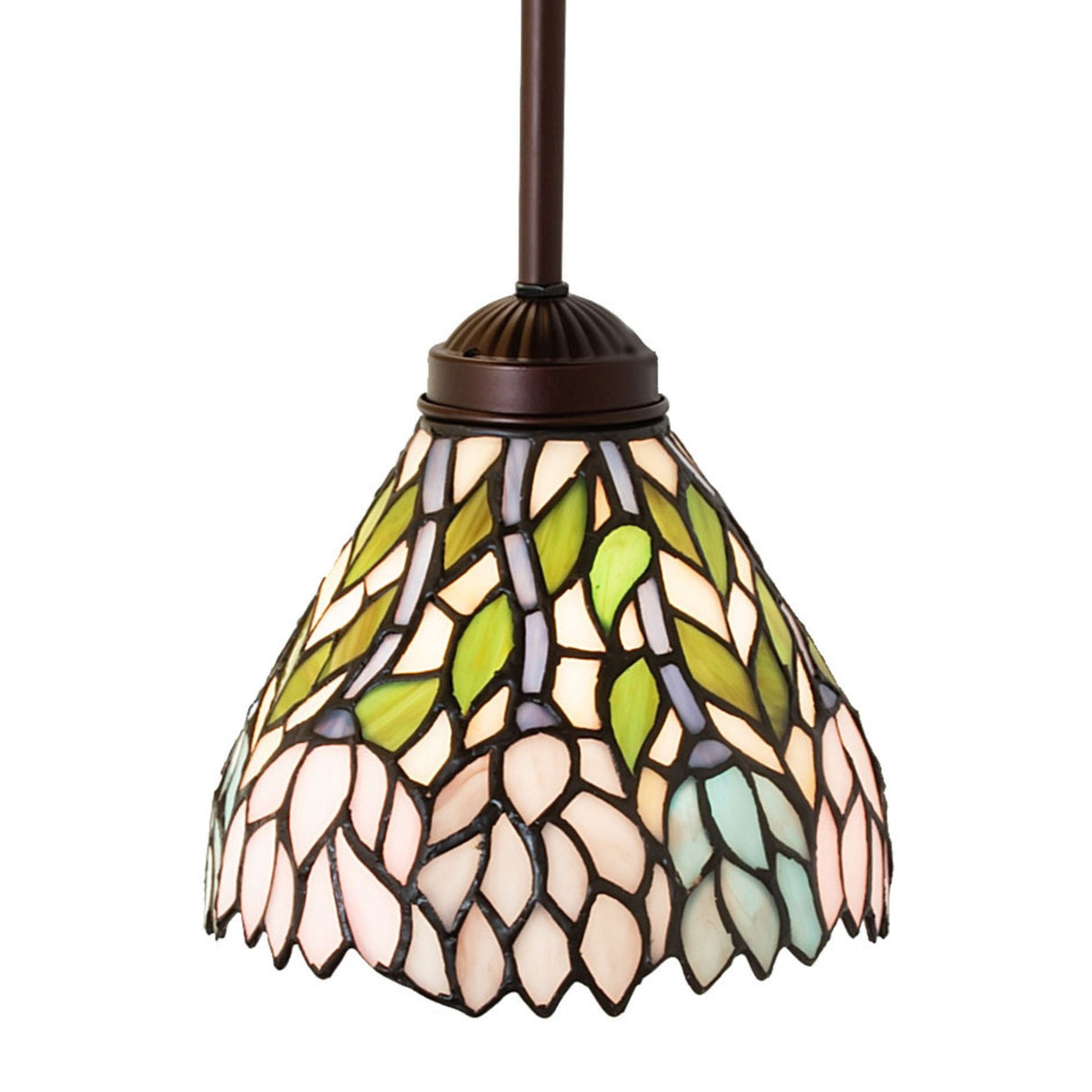 Front view of Wisteria Mini Pendant with floral glass pattern.