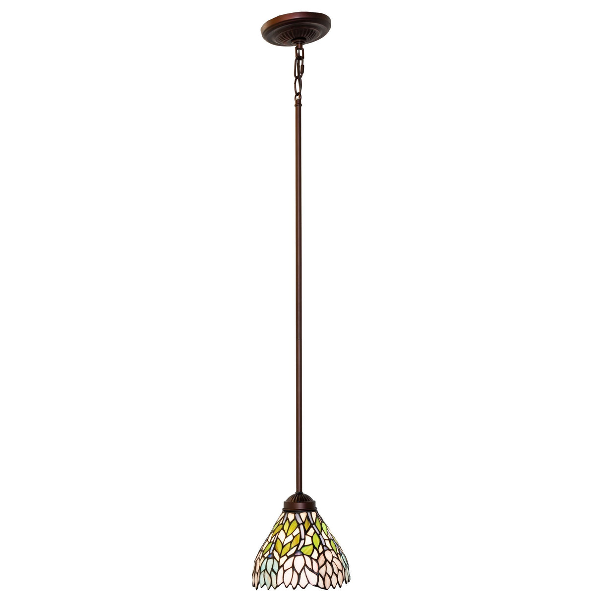 7" Wisteria Mini Pendant light featuring a unique stained glass flower design.