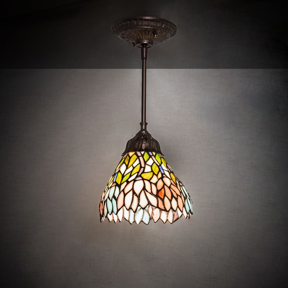 Illuminated front view of Wisteria Mini Pendant.