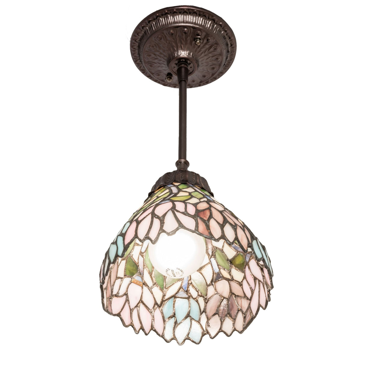 Angled view of Wisteria Mini Pendant with colorful design.