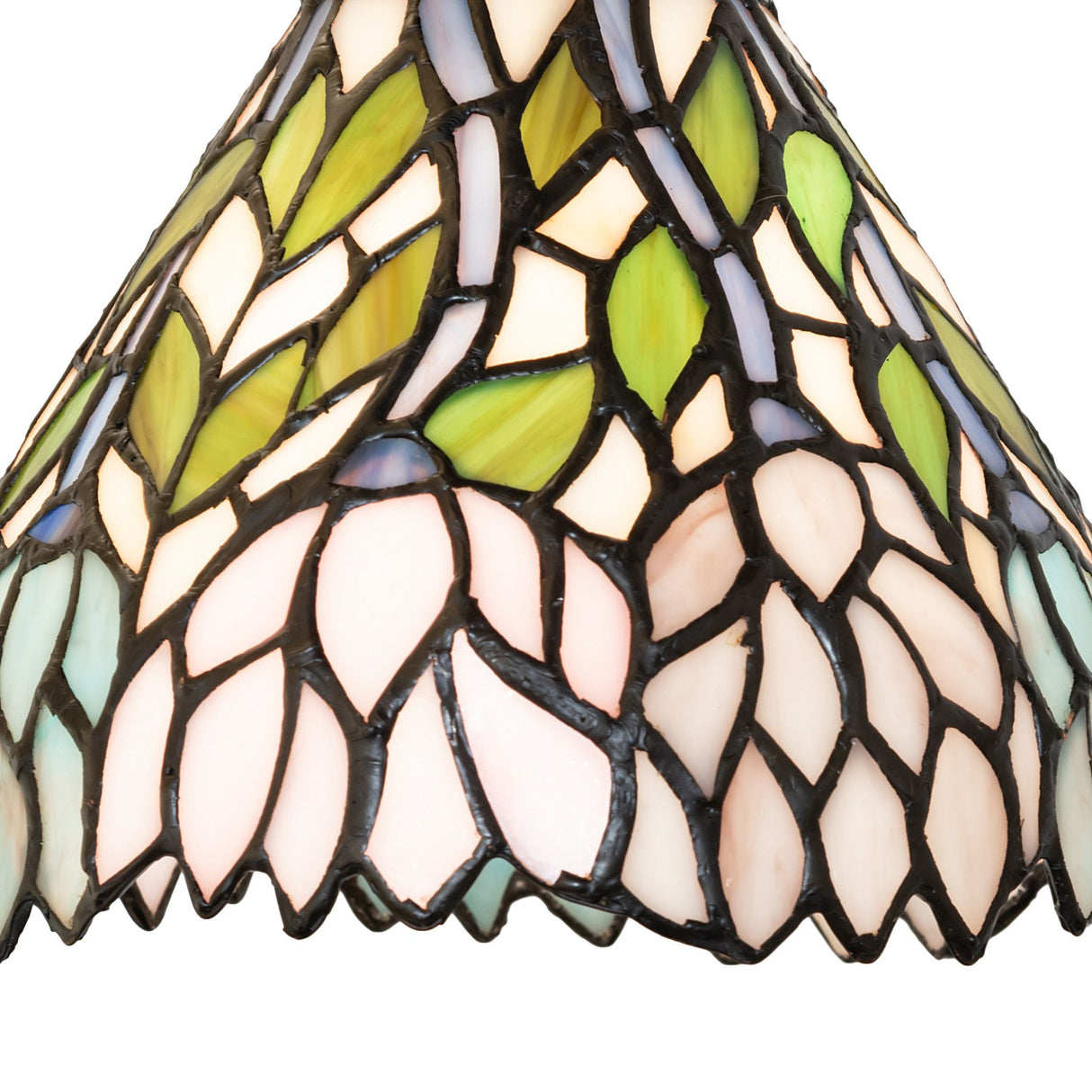 Close-up of a wisteria mini pendant stained glass lamp shade with green and pink petals.