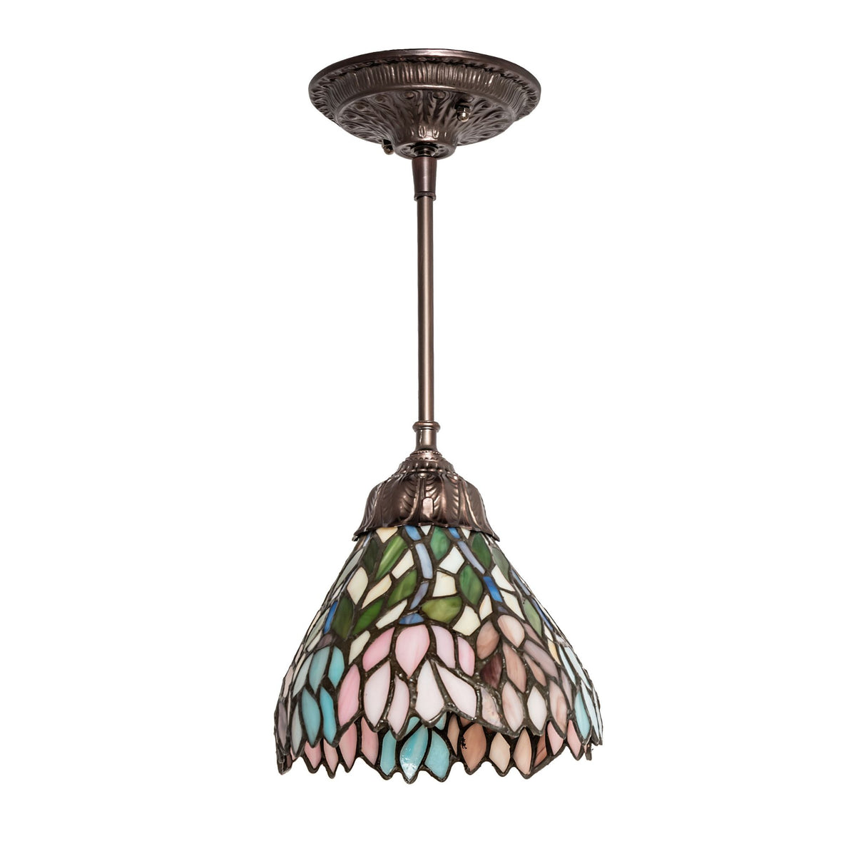 Side angle of Wisteria Mini Pendant with colorful design.