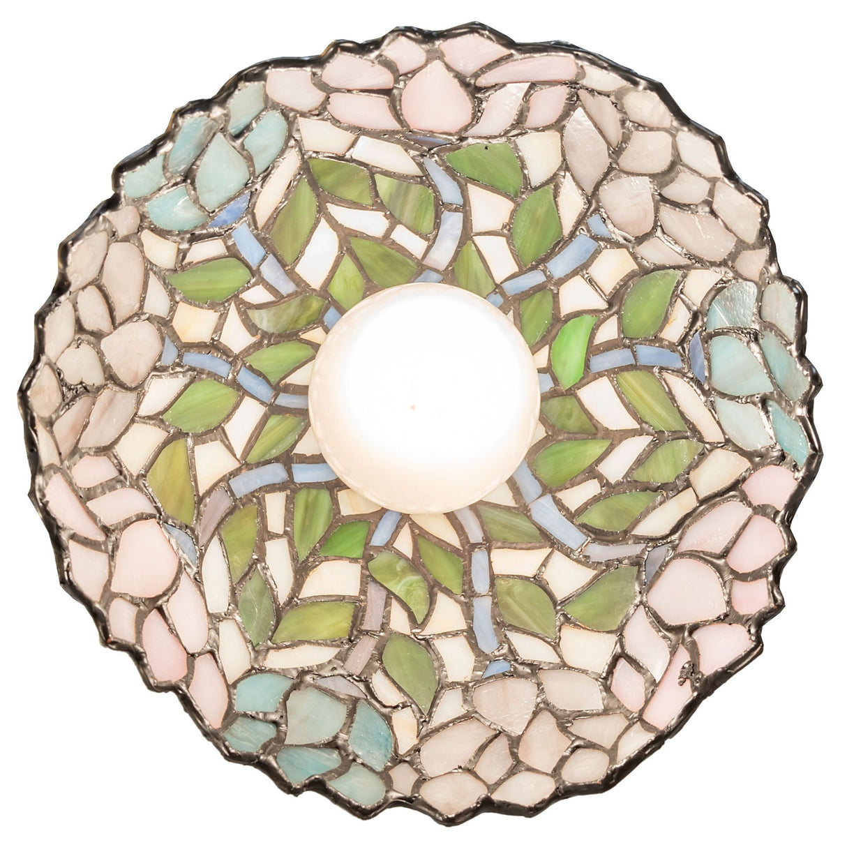 Wisteria Mini Pendant stained glass lampshade with floral pattern and central bulb.