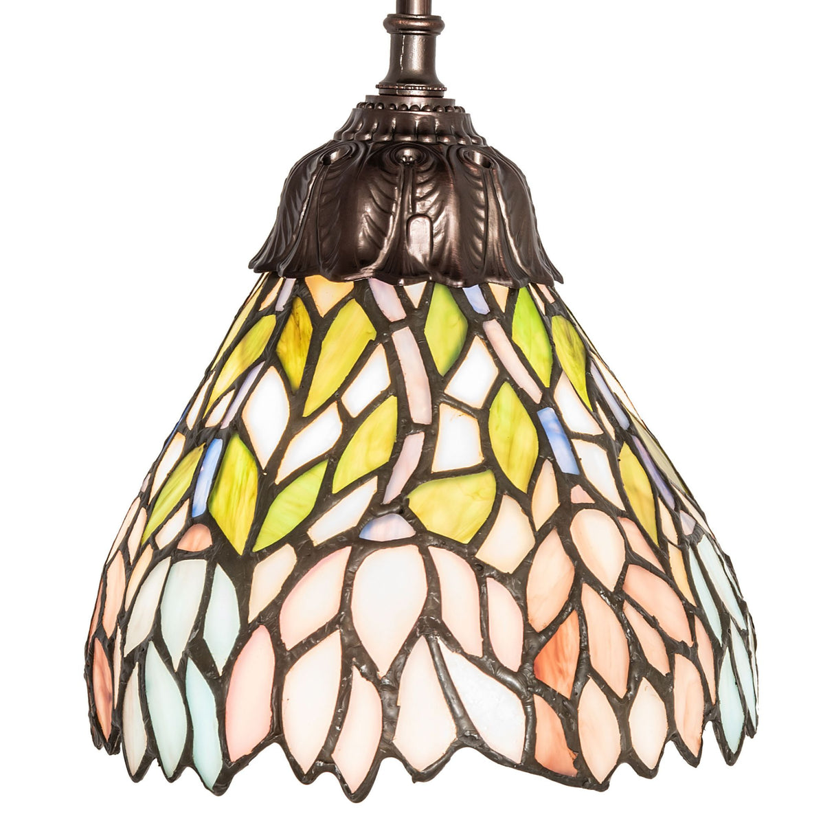 Close-up of Wisteria pendant's stained glass details.
