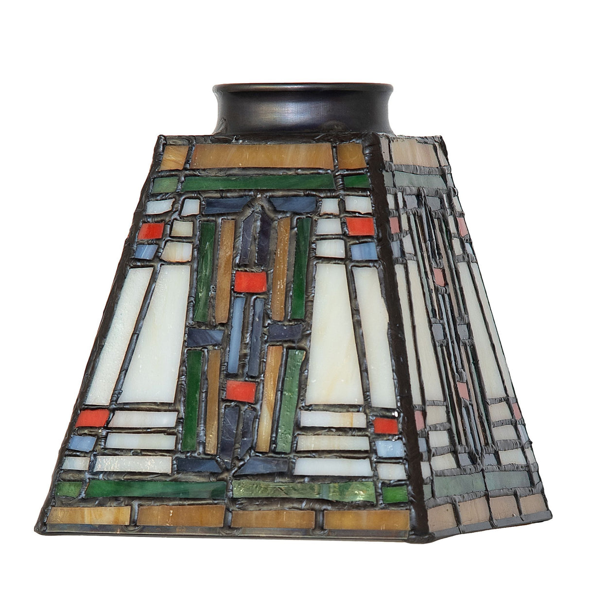 Stained glass lamp shade with geometric design in blue, green, red, and amber.