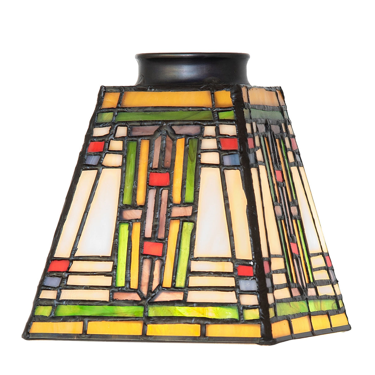 A square Tiffany-style lampshade with a geometric pattern in green, yellow, red, and blue glass.