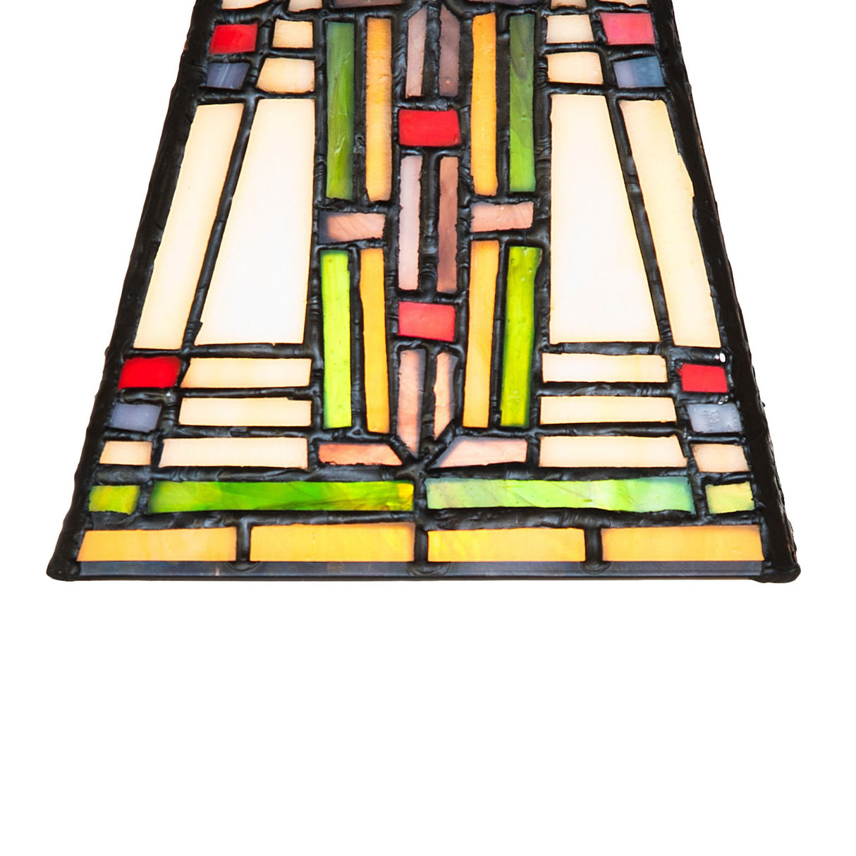 A close-up of the colorful stained glass pattern on a Meyda Tiffany 7" Square Nevada Mission Shade.