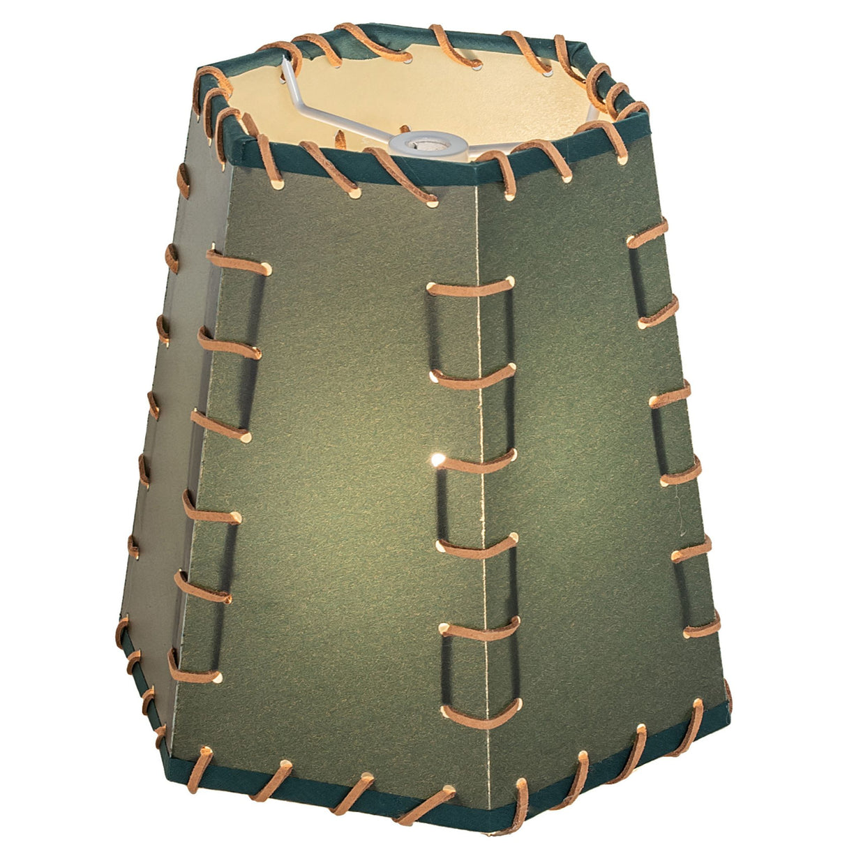 Elegant green lamp with a brown cord, showcasing a faux leather shade adorned with Rawhide, reflecting western design.