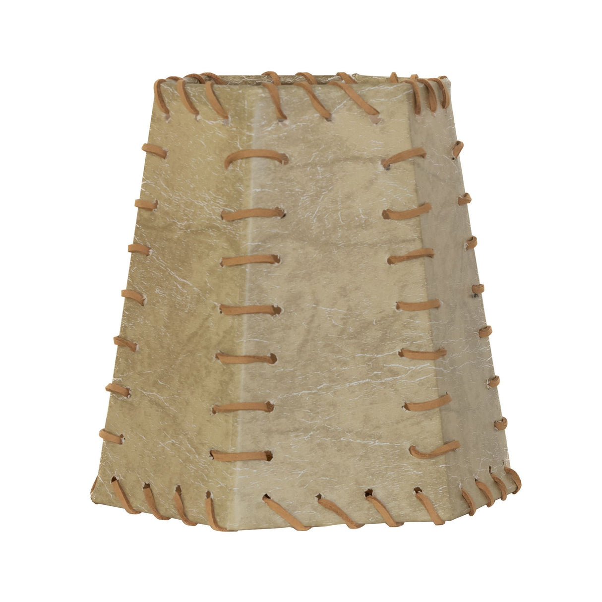 Angled view of a 7" wide faux leather and rawhide hexagon shade.