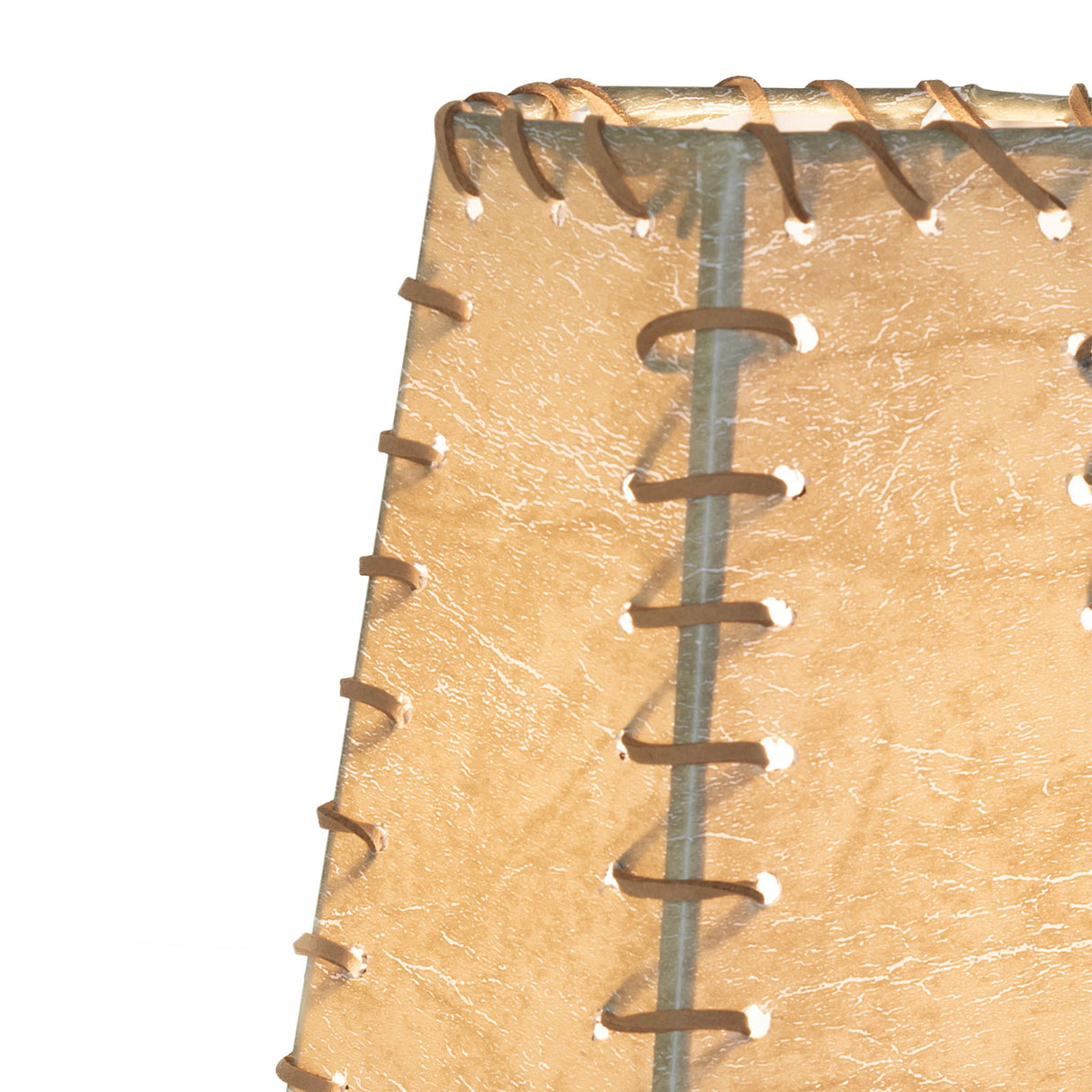 Close-up of the stitching details on a 7" wide faux leather and rawhide hexagon shade.