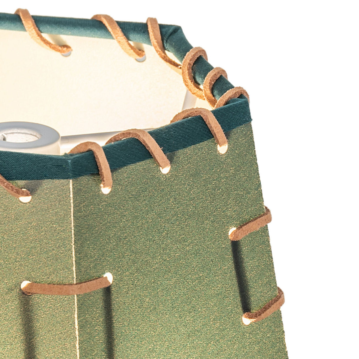 Close-up of a 7" wide faux leather & rawhide hexagon shade.