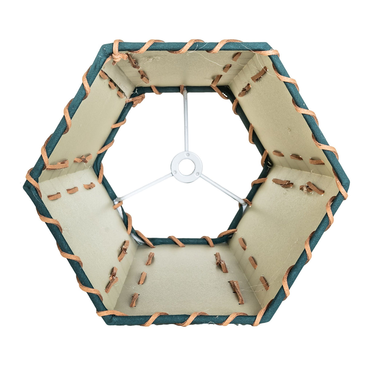 Hexagonal basket with a handle, showcasing a western-style design in Hunter Green faux leather and Rawhide accents.