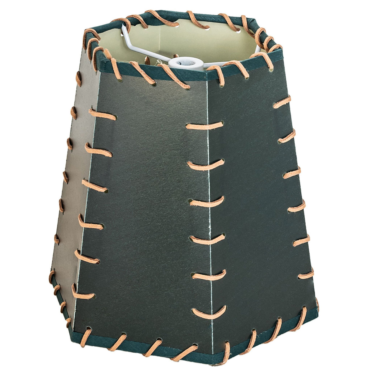 Stylish green lamp with a brown cord, featuring a western-inspired faux leather shade with Rawhide details, perfect for rustic decor.