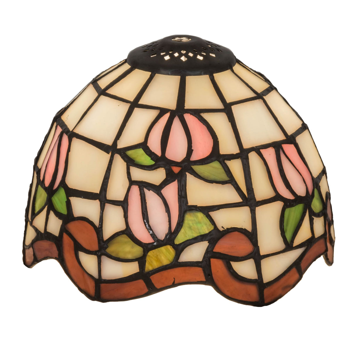 Front view of a Roseborder stained glass shade with floral patterns.