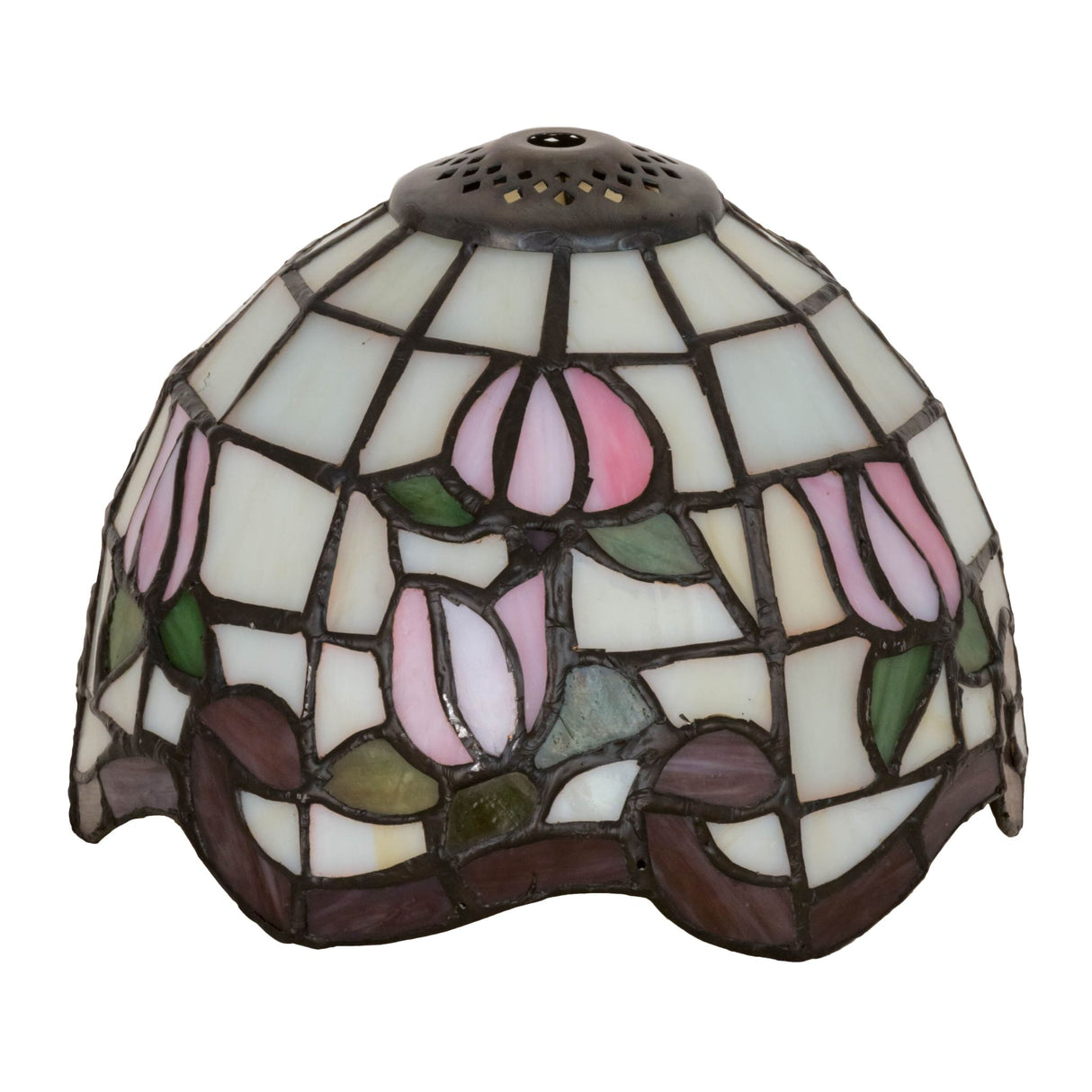 Side view of a Roseborder glass shade featuring intricate floral design.
