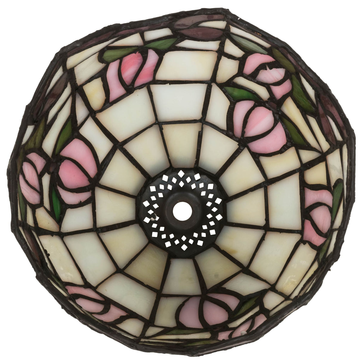 Top perspective of a Roseborder shade with detailed stained glass work.
