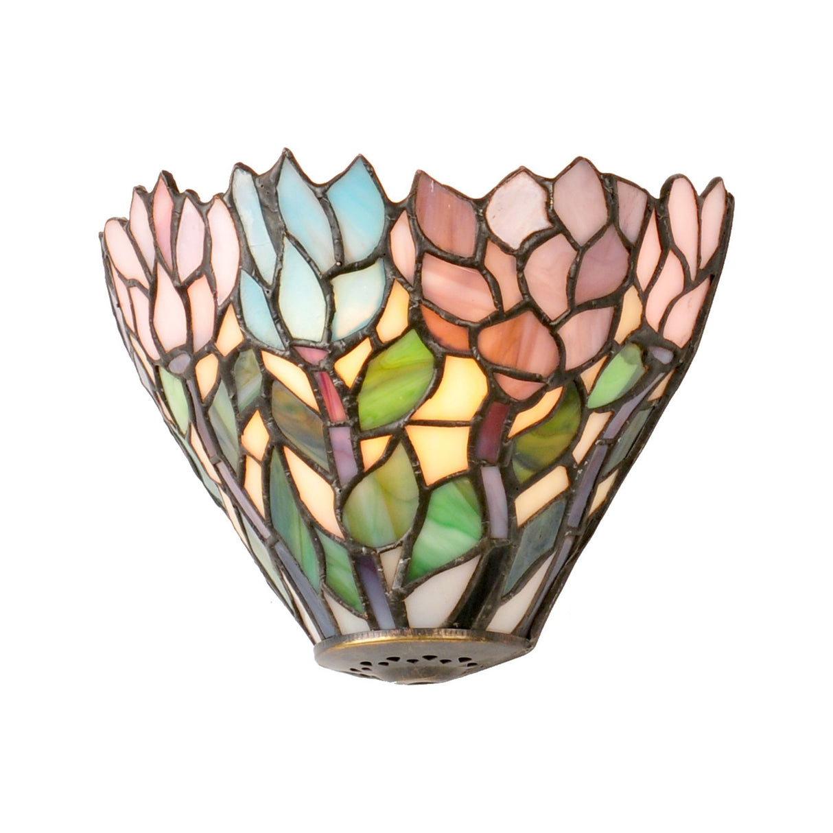 Wisteria wall sconce with sky blue, pink, and green Tiffany-style glass.
