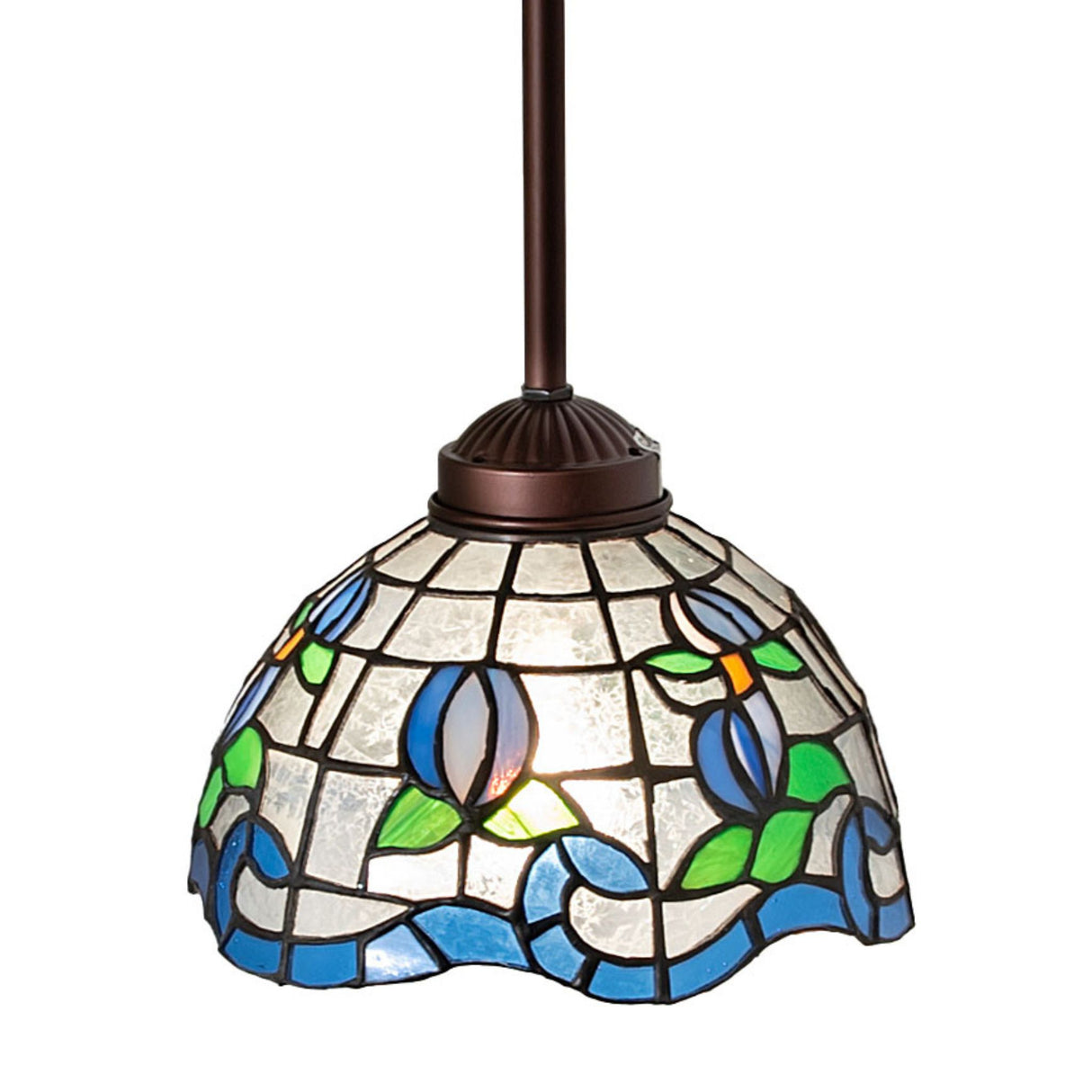 Stained glass mini pendant lamp with blue and green rose border pattern.