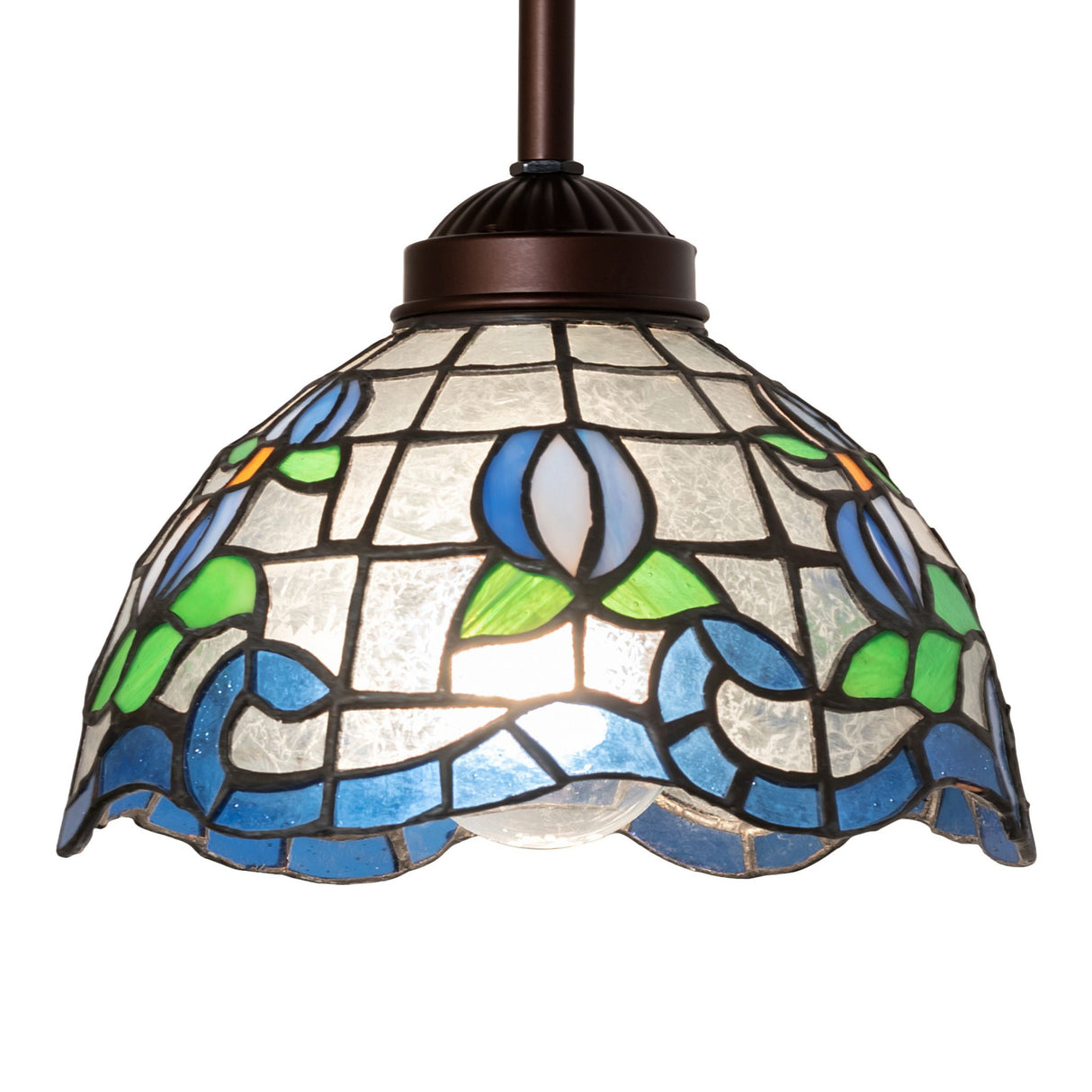Angled view of a stained glass mini pendant lamp with blue and green accents.