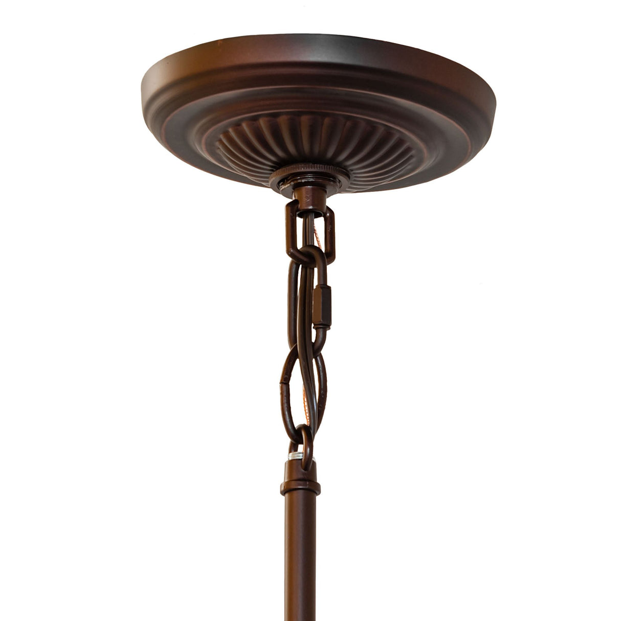 Ceiling mount close-up of roseborder mini pendant with bronze chain detail.