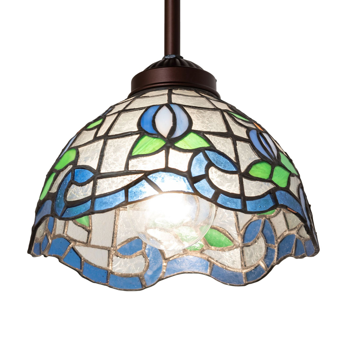 Close-up of vibrant stained glass details on roseborder mini pendant lamp.
