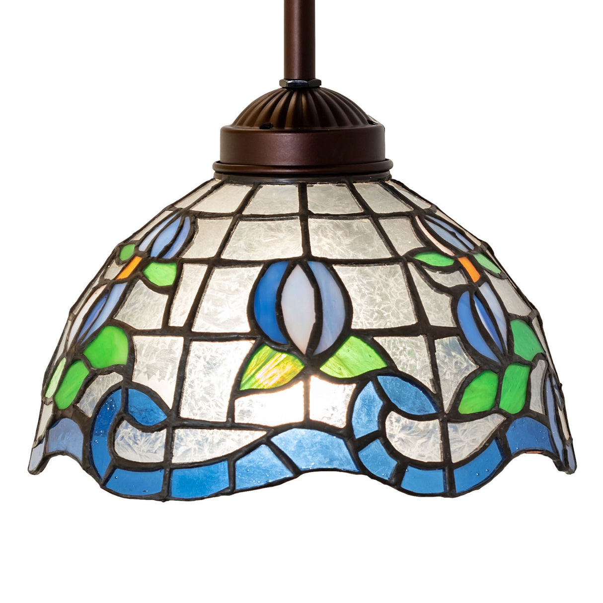 Illuminated stained glass roseborder mini pendant showcasing vibrant floral patterns.