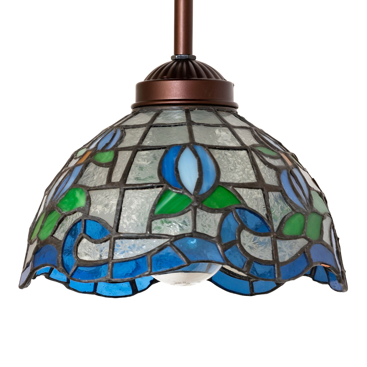 Detailed side close-up of the 7-inch stained glass roseborder mini pendant.
