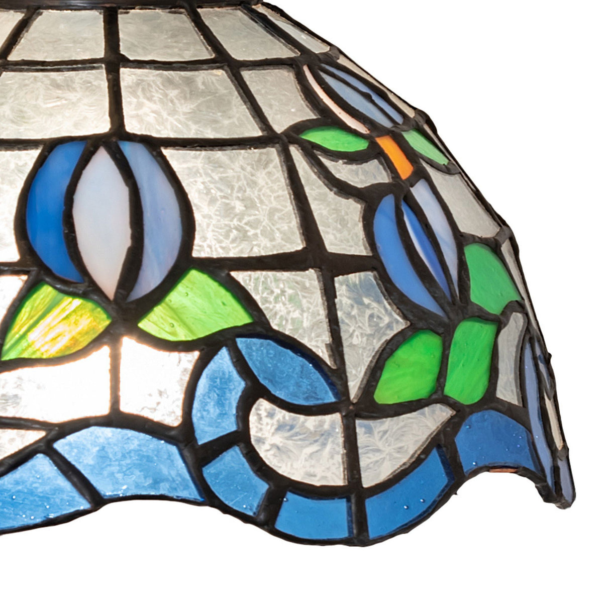 Side view of stained glass roseborder mini pendant lamp with floral design.