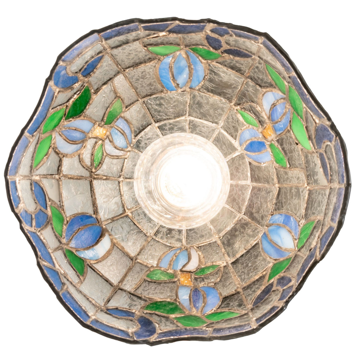 Top view of illuminated stained glass mini pendant with intricate rose border.