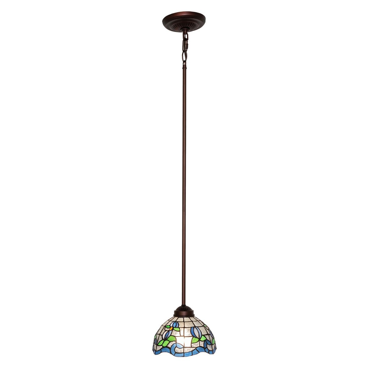 Full view of 7-inch roseborder mini pendant with a bronze chain and canopy.