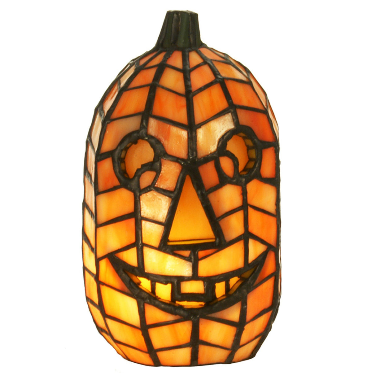 Orange stained glass jack-o'-lantern accent lamp, 8.5 inches tall.