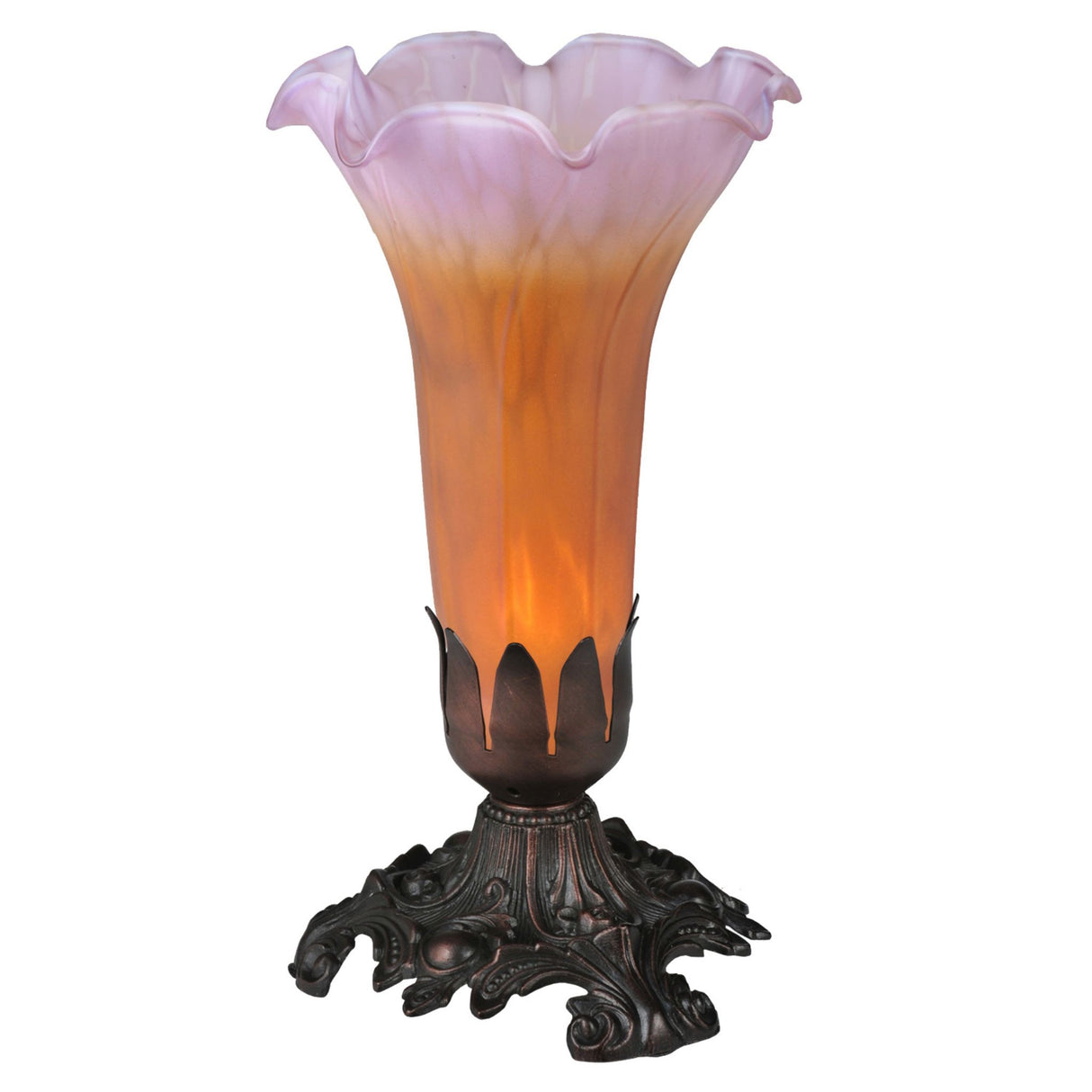 An 8-inch amber and purple Tiffany-style accent lamp shaped like a pond lily.