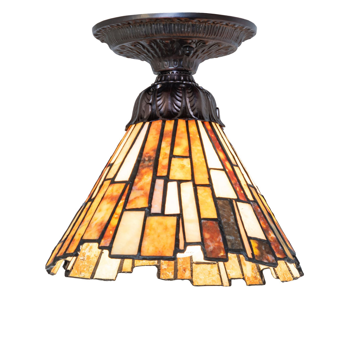 An 8" Delta Jadestone semi-flush light fixture with a stained glass shade, enhancing the room's decor.