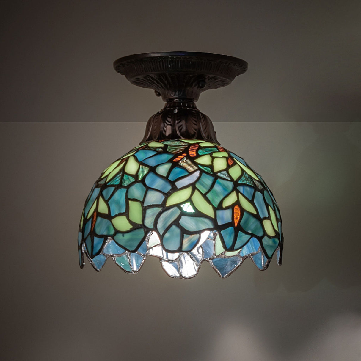24-inch tiffany pond lily chandelier with lights turned on.