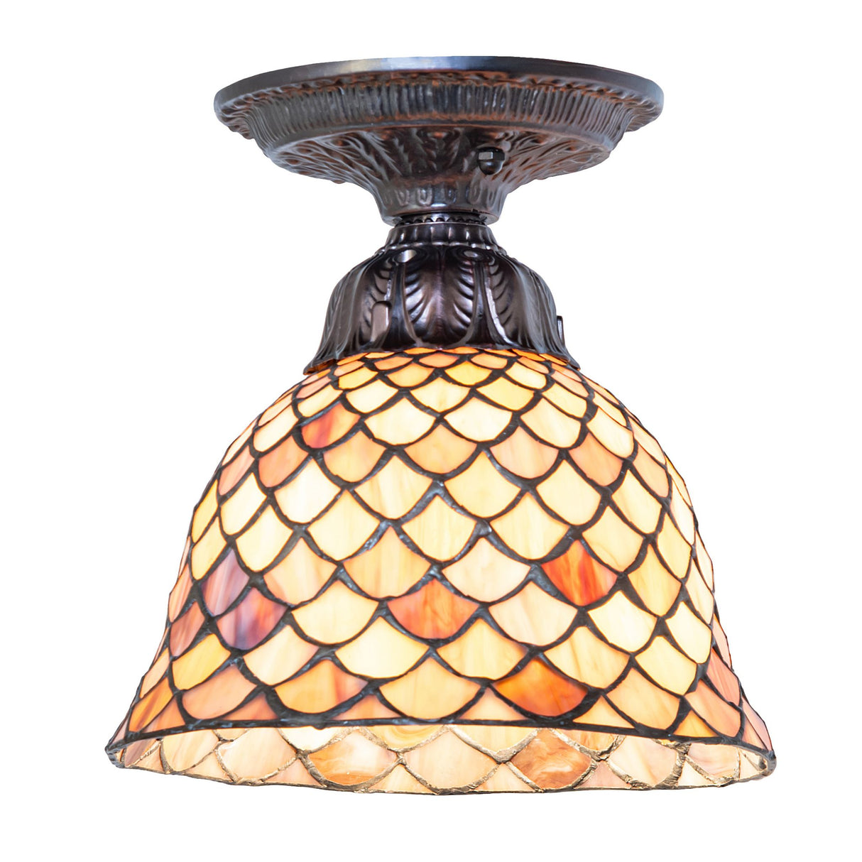 Tiffany-style semi-flush light fixture, 8" wide, with a decorative fish scale design.