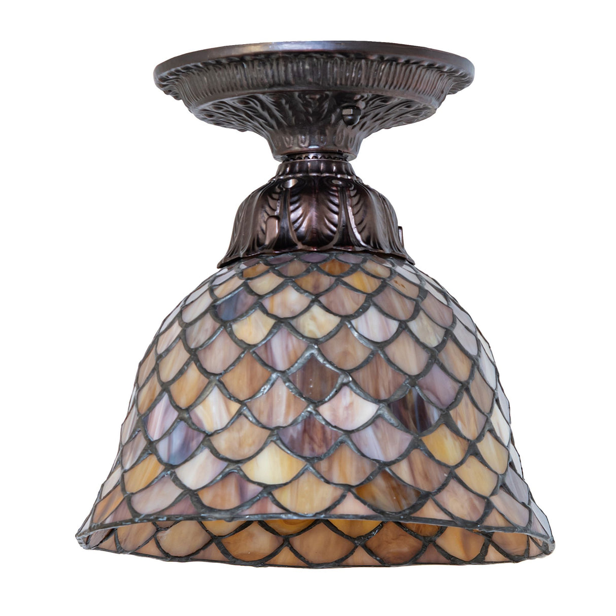 An elegant 8" wide semi-flush light fixture with an unlit Tiffany glass shade in a fishscale design.