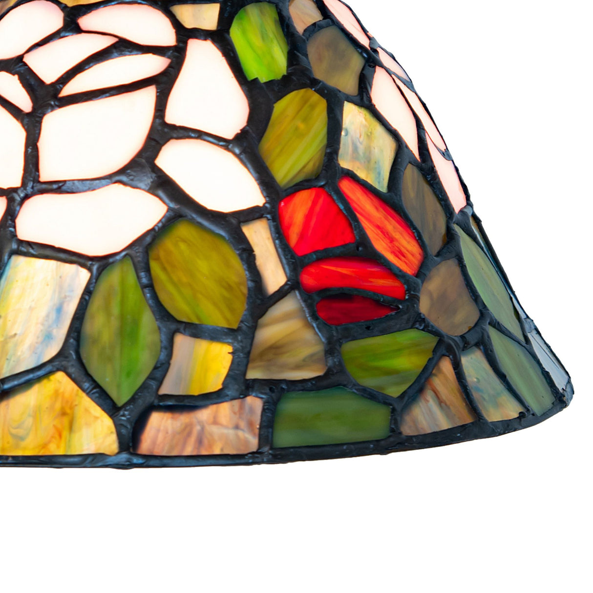 Close-up of Tiffany rosebush flushmount showing vivid red and green details.