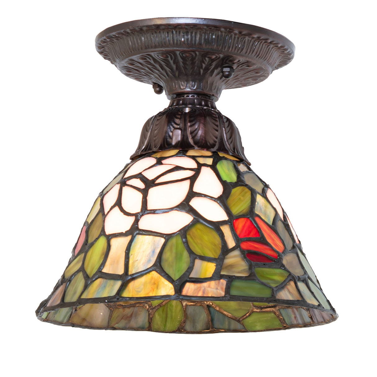 Tiffany rosebush flushmount light with colorful stained glass design.