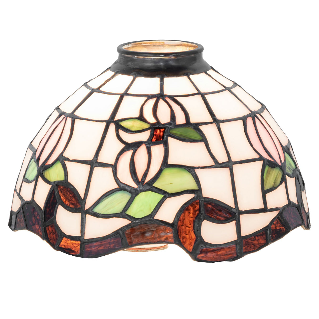 Front view of a 8" Wide Roseborder Shade with floral patterns.
