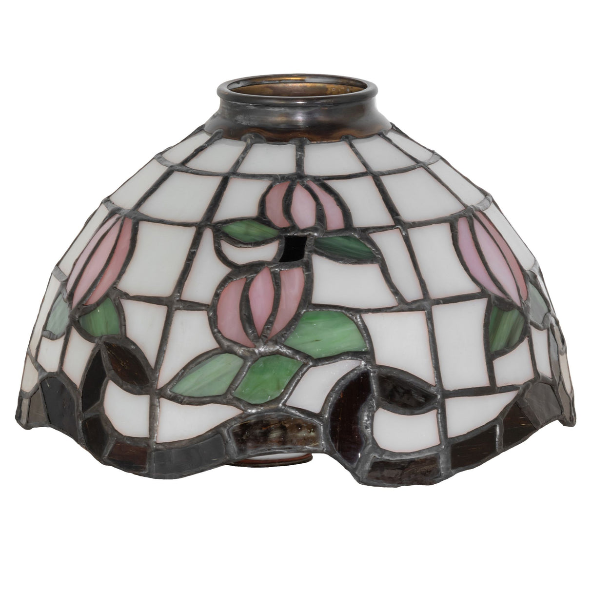 Unlit view of a 8" Wide Roseborder Shade with floral patterns.