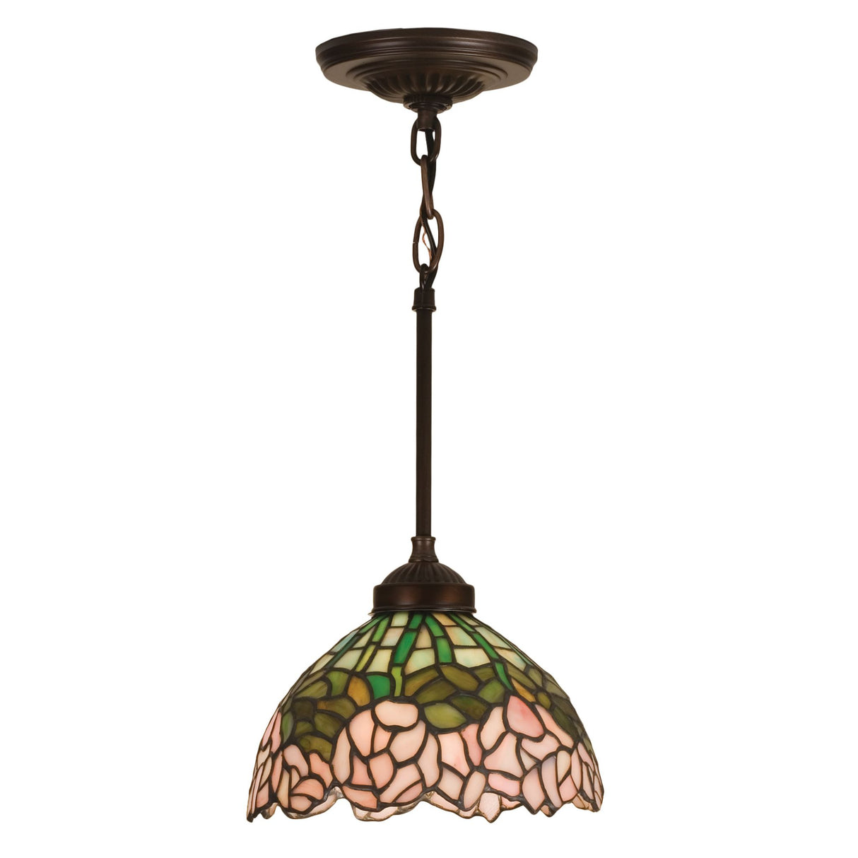 Tiffany-style pendant light with floral stained glass shade.