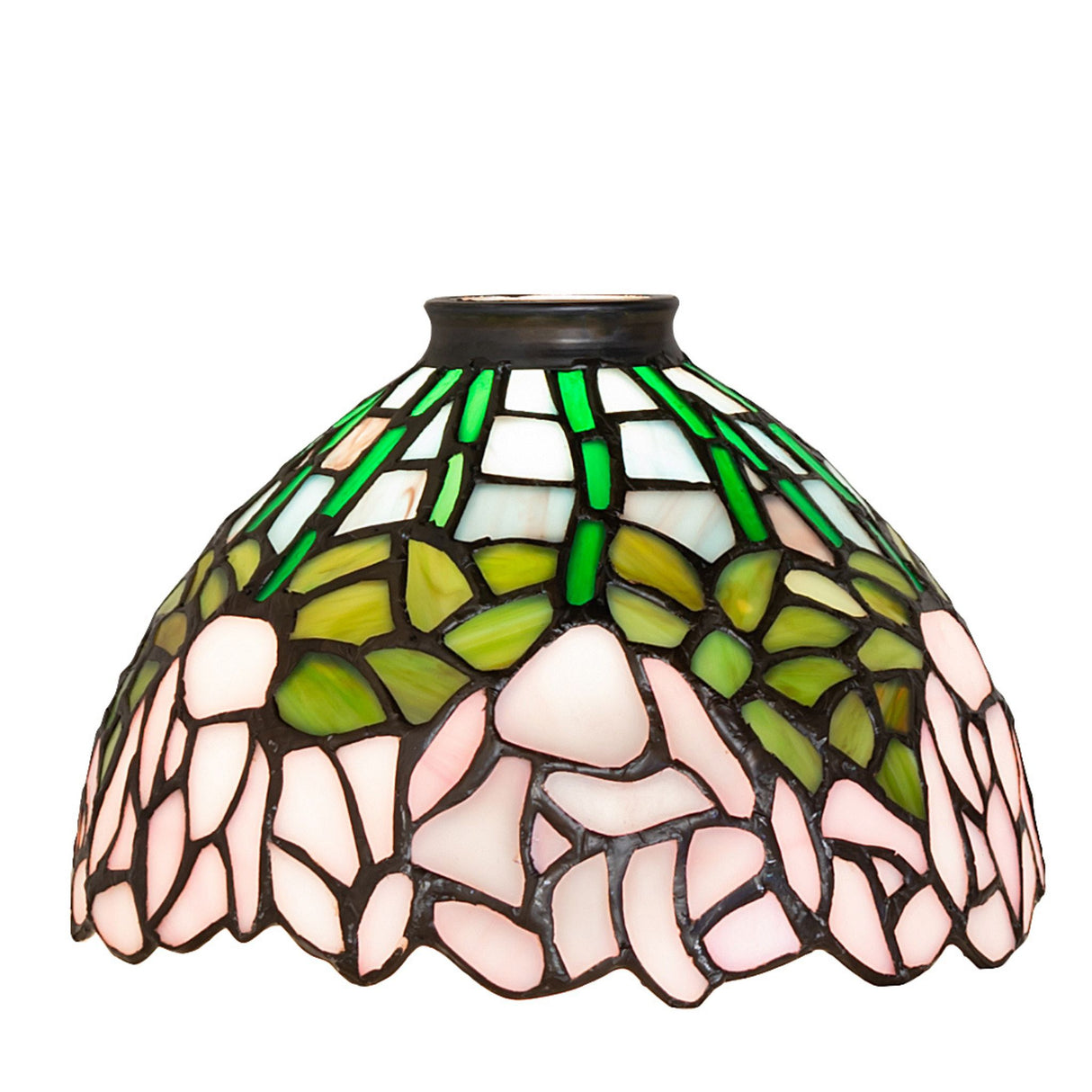 An 8" wide Tiffany-style lampshade featuring a cabbage rose pattern in pink, green, and white stained glass.