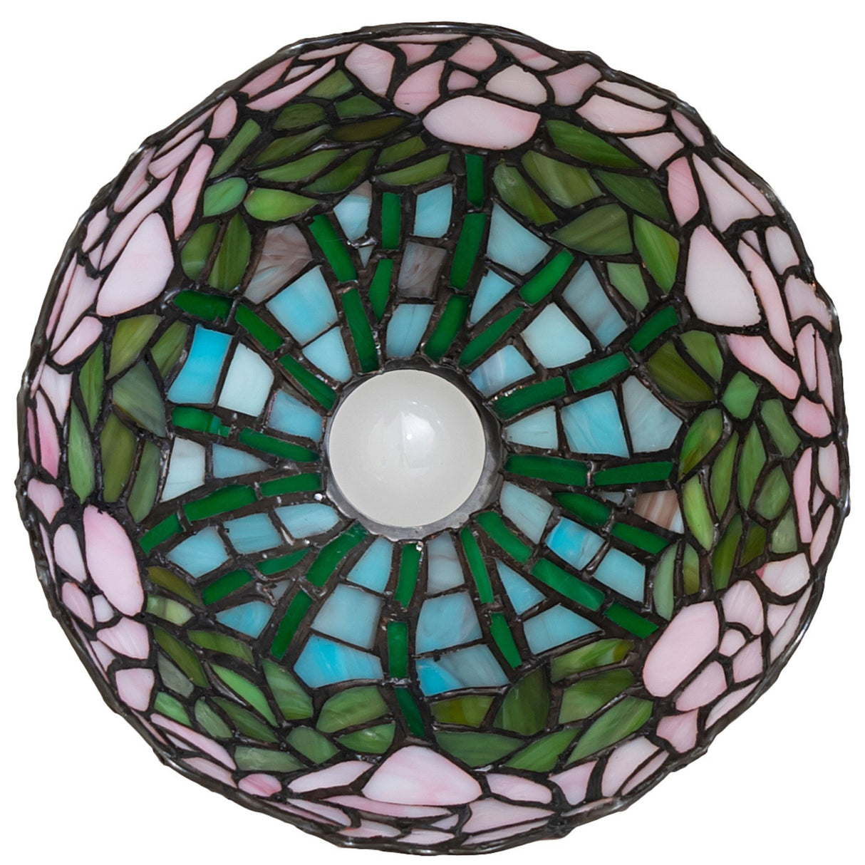 Tiffany-style stained glass lamp shade with floral pattern, viewed from below.