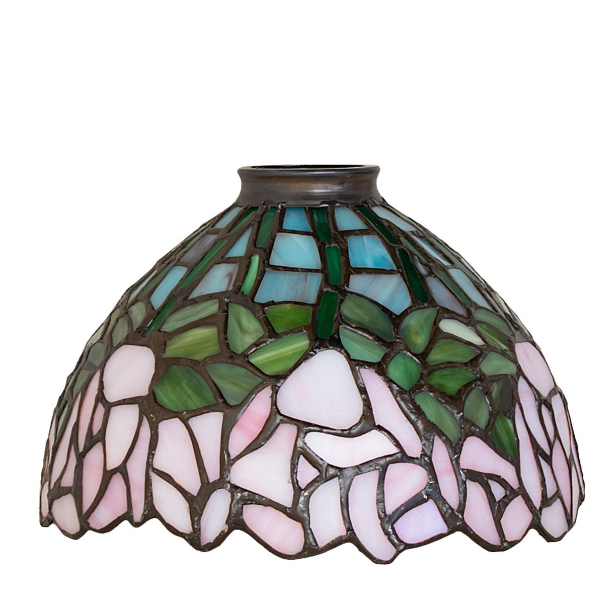 A unlit tiffany-style stained glass lamp shade with floral patterns in pink, green, and blue.
