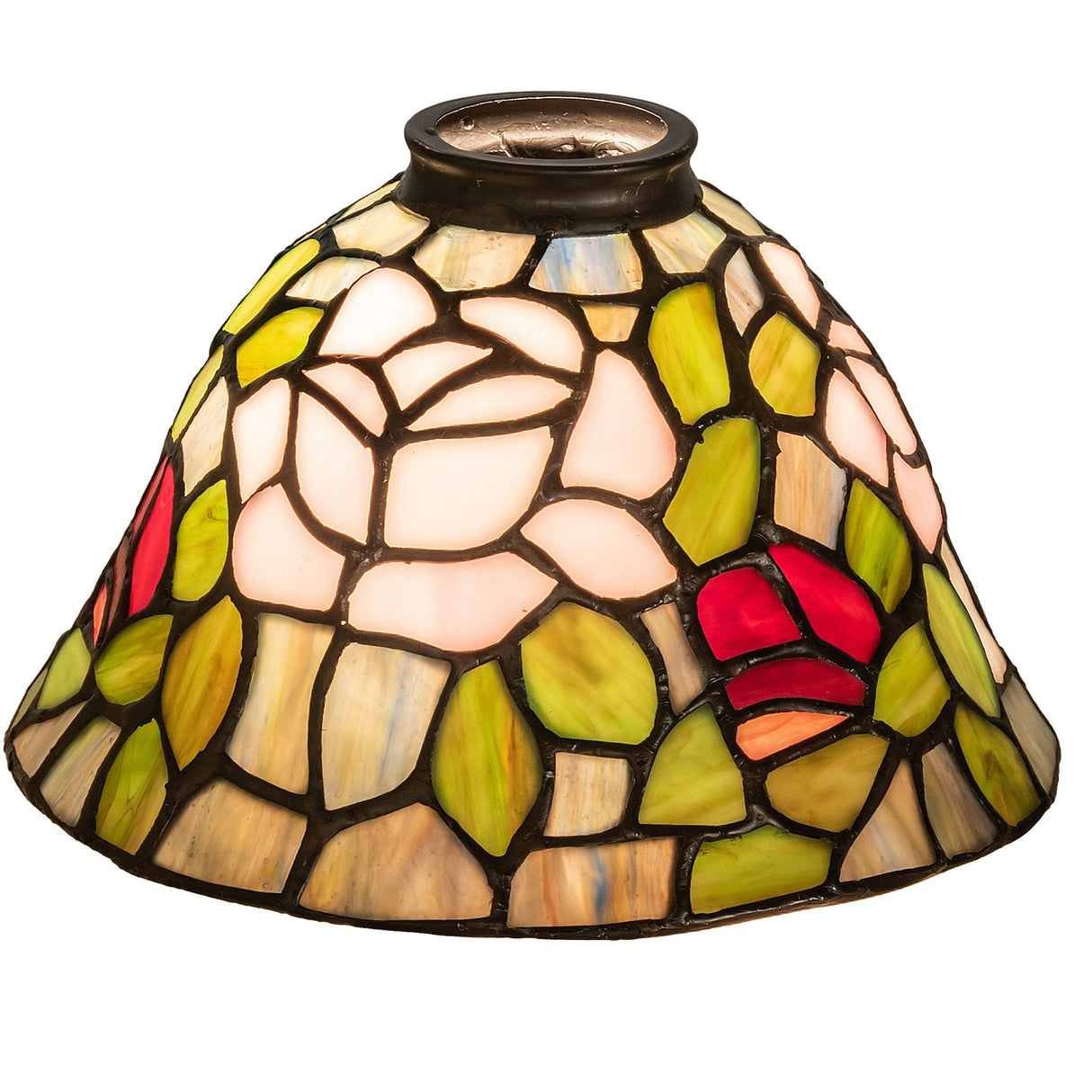 8" Tiffany Rosebush stained glass lamp shade featuring vibrant rose patterns.