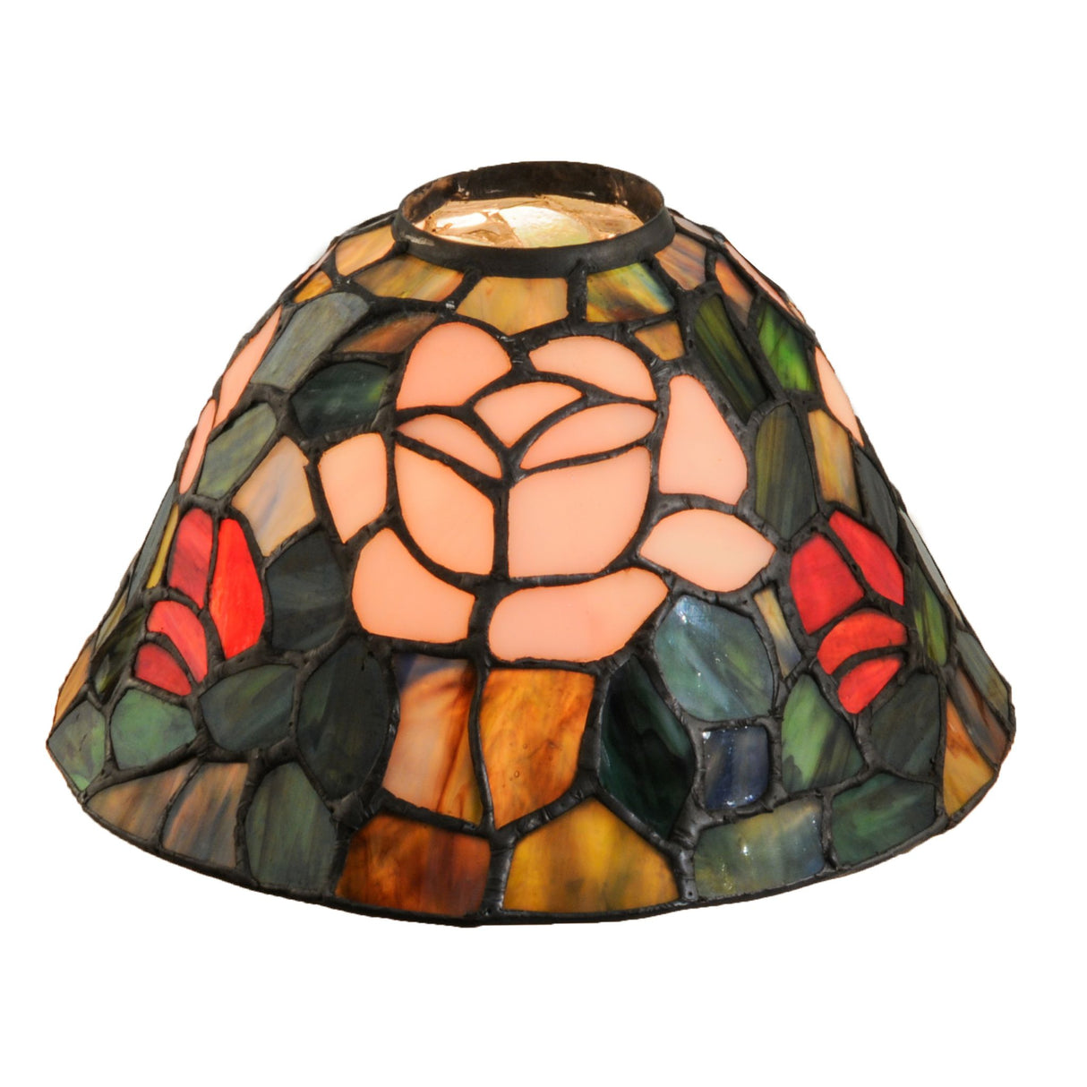 8" Tiffany Rosebush stained glass lamp shade with intricate rose designs.