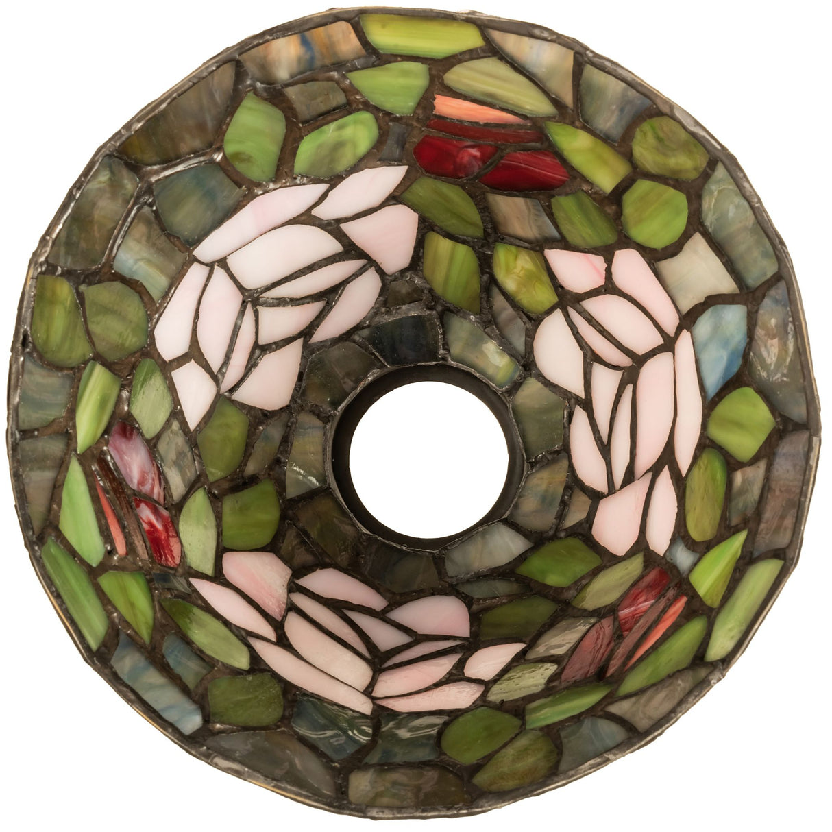Overhead view of an 8" Tiffany Rosebush stained glass lamp featuring beautiful flower motifs.