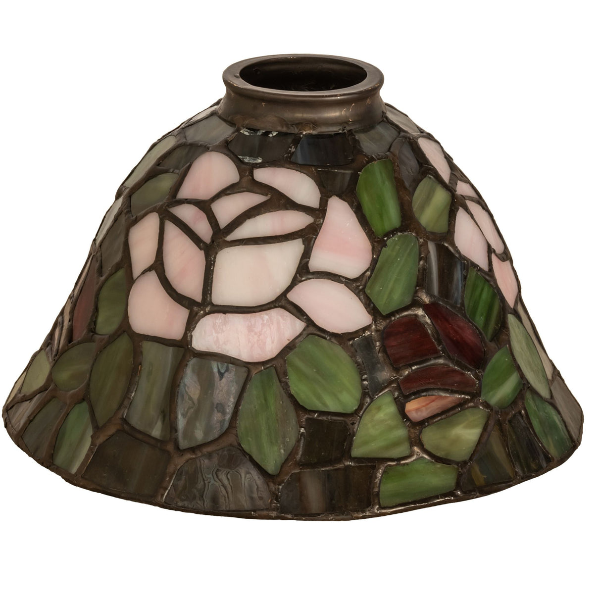 Unlit 8" Tiffany Rosebush stained glass lamp shade with a delicate pink rose design.