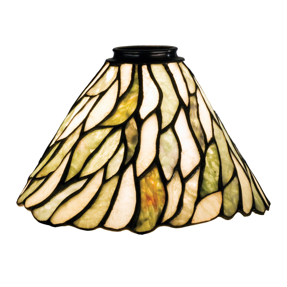 A stained glass lamp shade with a green leaf pattern in Moss Green and Ivory Jadestone.